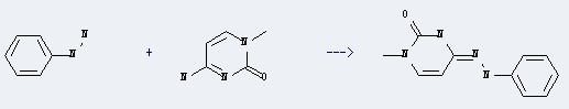 The 2(1H)-Pyrimidinone,4-amino-1-methyl- could react with phenylhydrazine to obtain the 1-methyl-4-(N'-phenyl-hydrazino)-1H-pyrimidin-2-one